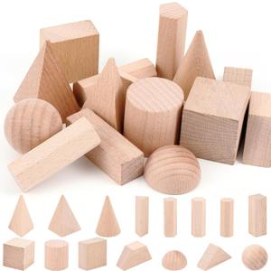 Syhood 15 Pcs 3D Shapes Geometric Solids Wooden Shapes Large Size Burlywood Color Geometric Blocks Set Montessori Learning Toy Pattern Blocks Solid for Preschool Elementary Home School Supplies