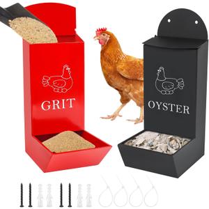 2 Pack Chicken Grit Feeder, Metal Oyster Shell Feeder with Lid, Hanging Gravity Chicken Poultry Feeders Trough, Coop Accessories Supplies