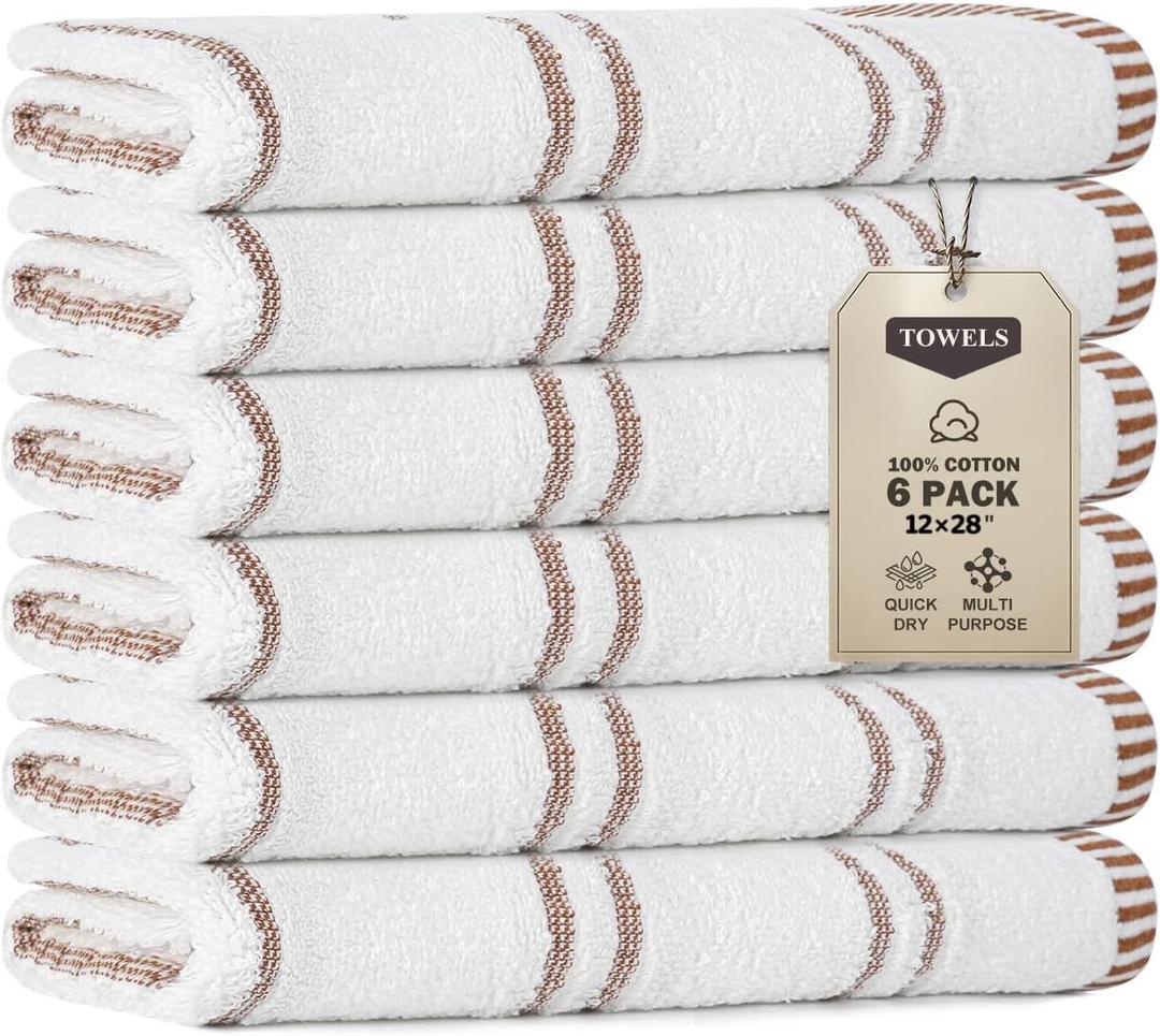 Luxury Hand Towels Bathroom Soft: 6 Packs 14X30 Stripes White Face Towel 100% Cotton Turkish Highly Absorbent Decorative Quick Dry Multi-Purpose Bath Kitchen Hotel Spa Gym (04 Brown Multiple Stripes)