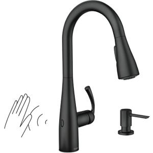 Moen Essie Matte Black MotionSense Wave One-Handle Touchless Kitchen Faucet with Pulldown Sprayer and Soap Dispenser, 87014EWBL