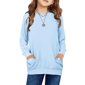 Arshiner Girls Long Sleeve Shirts with Pockets Crewneck Soft Casual Raglan Kids Blouse Tee Tops (9-10 Years, Light Blue)
