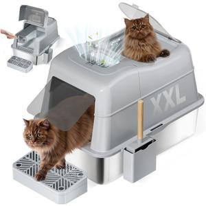 Shikha Stainless Steel Cat Litter Box with 110 Flip-Top Lid -XXL Top Entry Enclosed Litter Box for Large Cats with Deodorization Box, Odor-Free, Non-Sticky, Anti-Leak, Removable Lid for Easy Cleaning