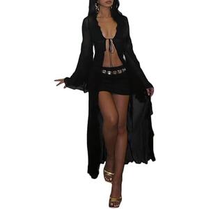 NRTHYE Women Mesh Long Flowy Kimono Cardigan Sexy Sheer Long Sleeve Ruffled Chiffon Duster Robe Summer Beach Cover Up L