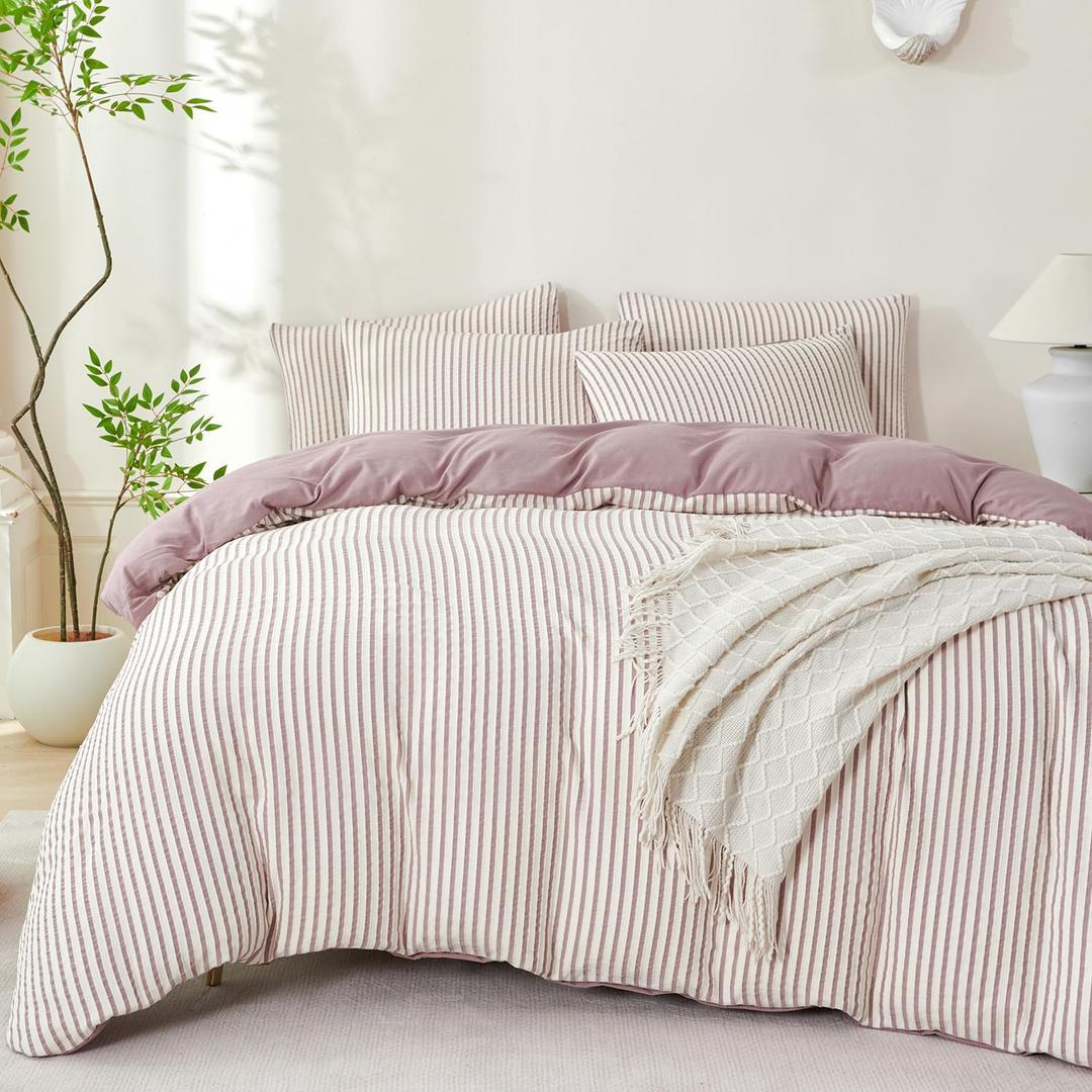 Purple Comforter Queen Set Striped 100% Soft Washed Microfiber Jacquard 3 Pieces Striped Bedding Sets Purple White Comforter Queen for All Seasons and 2 Pillowcases Comfort Breathable