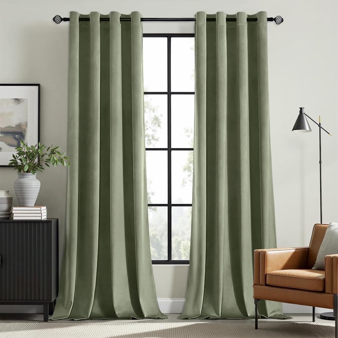 MIULEE Sage Green Elegant Grommet Curtains Thermal Insulated Soundproof Room Darkening Long Black Out Drapes for Classical Living Room Bedroom Decor 52 x 96 Inch Length Set of 2
