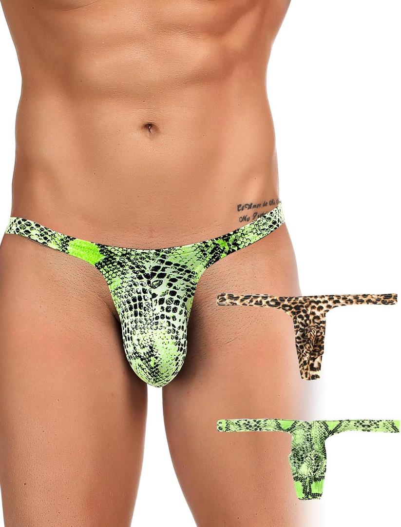 ohyeahlady Mens G-String Thong Underwear Snake Print Briefs Low Rise Sexy Hot Shorts for Mens Lingerie Soft T-Back Thong (Medium, 2pcs-leopard+snake)