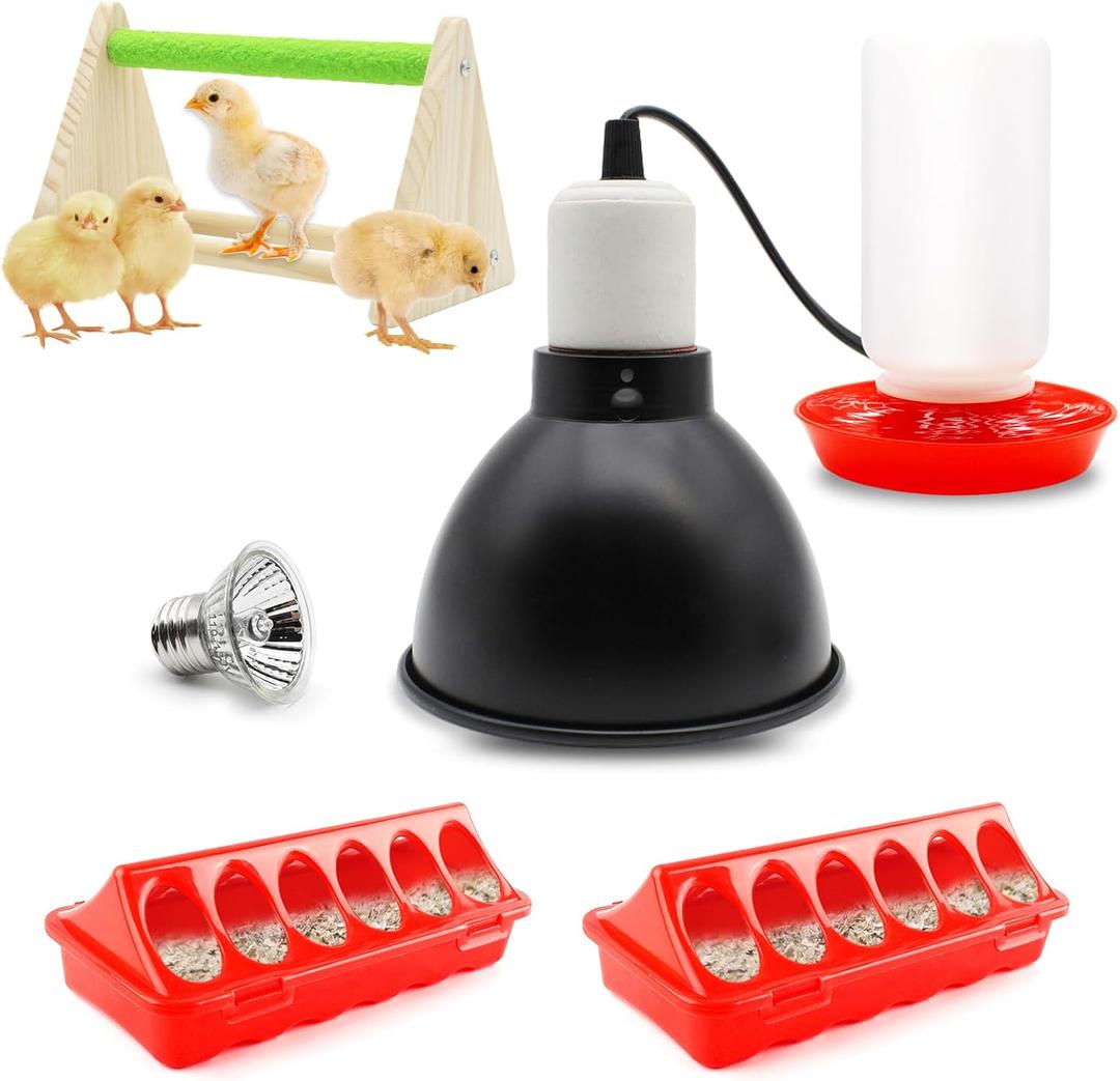 Chick Feeder and Waterer Kit with 75W Heat Lamp, Chick Perch, Flip Top Poultry Feeder, Baby Chick Starter Kit for Chick Brooder, Baby Chicken Supplies for Baby Chick, Duck and Quail (Chick Feeder and Waterer Kit With 75w Heat Lamp)
