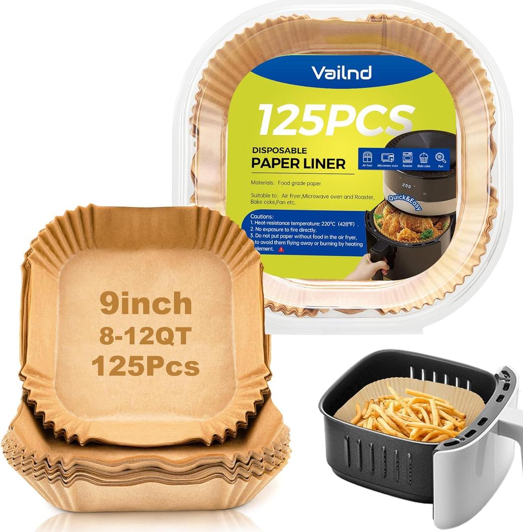 Vailnd 9inch Square Air Fryer Disposable Paper Liners, 125PCS Non-Stick Food Grade Parchment Liner, Oil Resistant, Waterproof, Food Grade Baking Paper for 8-12 QTMicrowave