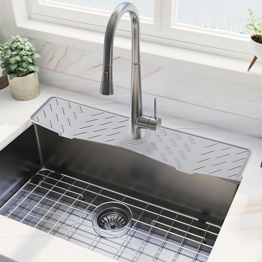 Meiliweser Faucet Mat for Kitchen Sink  24 x 5.1 Extra-Long Silicone Splash Guard with 10 Slope & Upgraded Drainage  Gen 3 Sink Water Catcher & Sponge Holder for Kitchen, Bathroom (Gray)