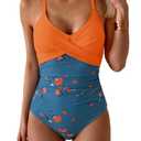 B2prity Women's One Piece Swimsuits Tummy Control Front Cross Bathing Suits Tie Back Slimming V Neck Swimwear (M, Orange, Blue Orange Floral)