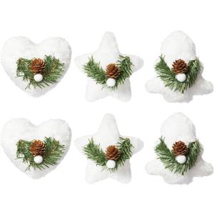 WDS WONDROUS Fabric Christmas Ornaments with Pinecones, Plush Ornaments for Christmas Tree, Rustic Heart Star Tree Shape Xmas Balls Decor Set for Farmhouse Holiday Decorations (6Pcs, White)