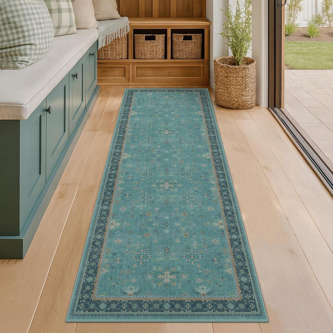 Boho 2'6"x8' Wide Hallway Runner Rugs - Teal 8ft Long Washable Door Rugs for Entryway Indoor, Non Slip with Rubber Backing, Vintage Floral Indoor Dcor, Low Pile & Soft Carpet