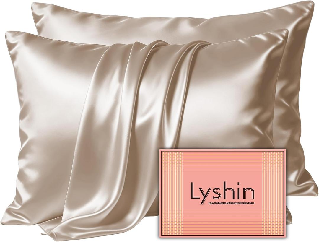 LYSHIN Silk Pillow Cases 2 Pack King Size with Zipper, Champagne | 19 Momme Mulberry Silk Pillowcase for Skin and Hair, Anti-Acne, Hypoallergenic, Cooling, Beauty Sleep, Gifts for Women