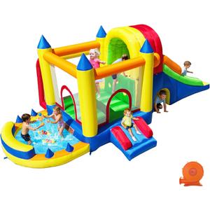 Hongcoral Inflatable Bounce House with Wide Slide, Splash Pool/Ballpit, Secret Crawl Tunnel & Soccer Goal, Multi-Activity Jumping Castle for Toddlers & Big Kids, Outdoor Backyard Playground