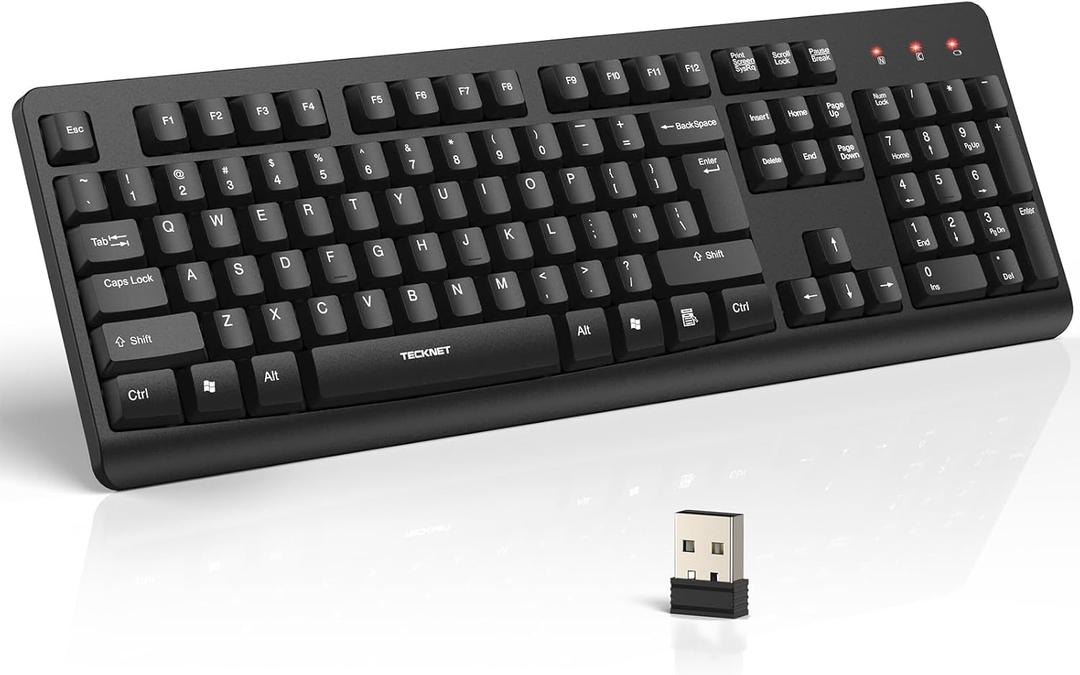 TECKNET Wireless Keyboard, 2.4G Silent Full-Size USB Keyboard with Number Pad, Ergonomic Keys & Adjustable Feet, Compatible with Laptop, PC, Desktop, Notebook, Windows 11/10/8/7 Black