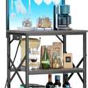 Furologee Bakers Rack with Power Outlet and LED Light, Small Coffee Bar Station with 4 Tier Shelves, Microwave Stand Table with 6 S Hooks, Kitchen Storage Rack for Spices, Pots, Black Oak