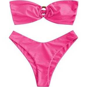 ZAFUL Women's Bandeau Bikini O Ring Strapless Tie Back High Cut Two Piece Swimsuit Bathing Suits L, Magenta