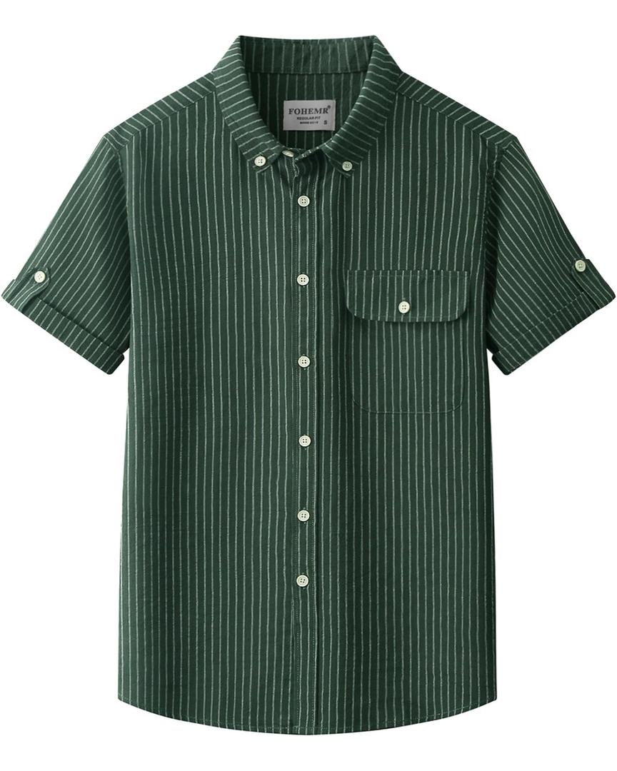 fohemr Mens Striped Casual Button Down Shirt Summer Pinstripe Short Sleeve (Green, XXXL)