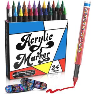 alchilalart Acrylic Paint Markers, 24 Color Fine Tip Permanent Acrylic Paint Pens For Rock Painting, Canvas, Wood, Glass, Ceramic, Fabric, Plastic, Egg, Scrapbook, Art Painting Supplies Kit