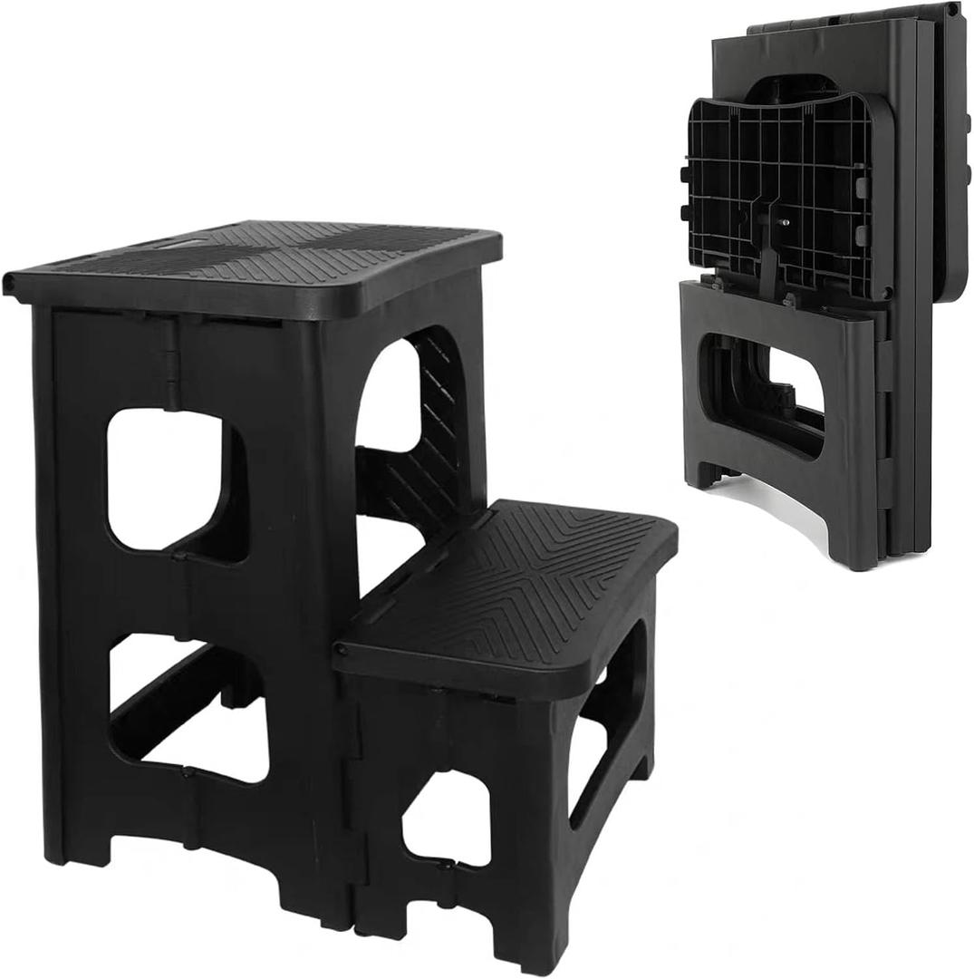 2-Step Folding Stool, Non-Slip Folding Step Stool Plastic Steps Ladder, Portable Bedside Step Stool, Hold up to 300 lbs, Lightweight & Foldable Step Ladder for Kitchen Toilet Office Home RV-Black