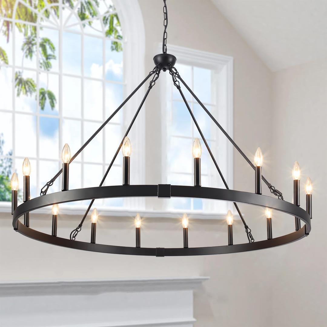 48" 16-Light Wagon Wheel Chandelier, Extra Large Chandeliers for High Ceilings, Modern Black Round Farmhouse Chandeliers for Dinning Room Kitchen Entryway Foyer Living Room