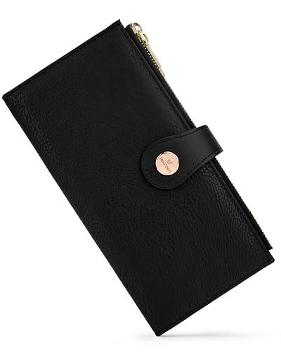 Sunpour Womens Leather Wallet RFID Blocking Slim Bifold Credit Card Holder Travel Wallet with Double Zipper Pocket (Black)