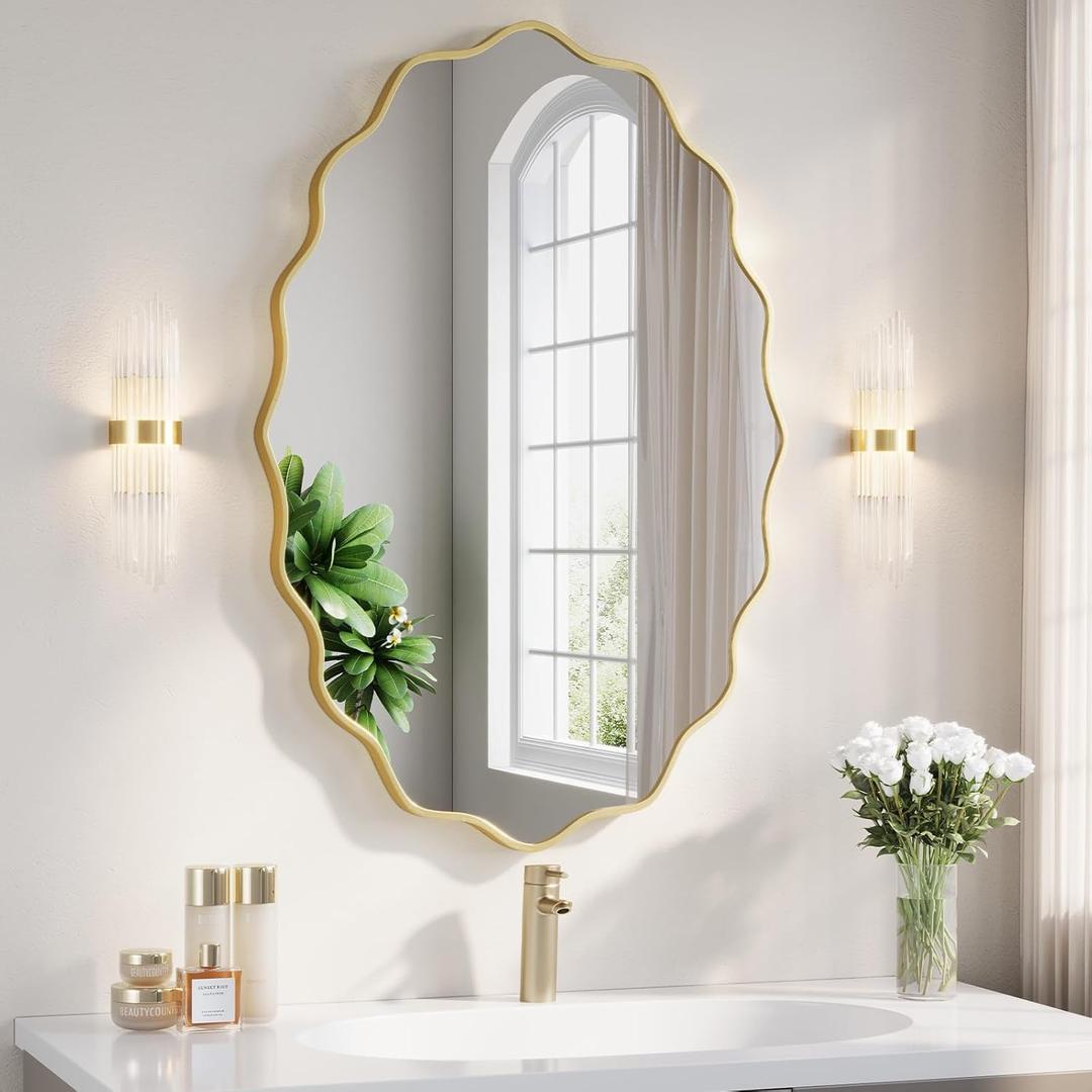 ULIKE Gold Wavy Mirror for Bathroom, 36x24 Oval Vanity Mirror for Over Sink, Metal Frame Tempered Glass Asymmetrical Wall Decor, Bedroom Living Room Entryway, Horizontal/Vertical