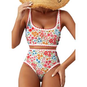 Herseas Women's Bikini Sets Floral Print Whip Stitch 2 Piece Swimsuits High Waisted Scoop Bathing Suits, Small