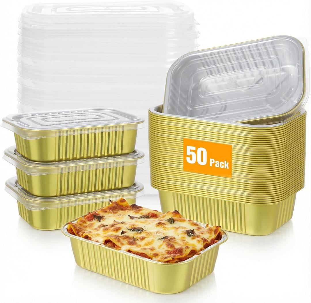 1LB Foil Pans with Lids 50 Pack Heavy Duty Disposable Small Gold Aluminum Pans Foil Cake Baking Tins Loaf Food Storage Containers for Leftover, Meal Prep, Freezer, Heating and Takeout Microwave Safe
