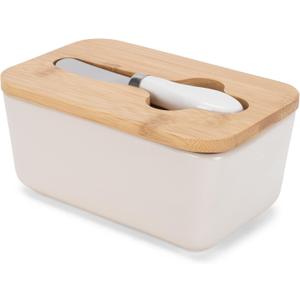 Nat & Jules Ceramic Stoneware 1/2 Pound, 2 Sticks Butter Dish with Airtight Bamboo Lid & Knife, Kitchen Accessory, Container Holder, Refrigerator Storage and Countertop Organization, Matte Cream