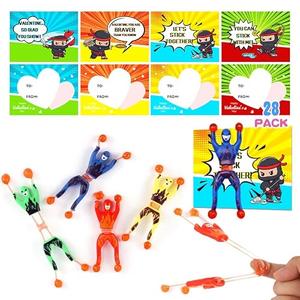 REJODA 28 Packs Valentines Day Sticky Wall Climbing Men Ninja with Gifts Cards Set for Boys, Stress Relief Toys for Kids Party Favor, Classroom Exchange Prizes, Valentine Greeting Cards