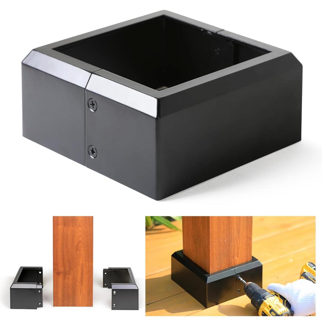 6"x6" (Actual: 5.5"x5.5") Deck Post Base Cover Aluminum, Split Style Post Base Trim Skirt Decorative Black 1Pack