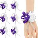 Purple Wrist Corsage for Prom Wedding Party, Set of 6, Rose Wrist Hand Flower for Bridal Bridesmaid, Prom Corsages Wrist Bride Groom Mother, Corsage Wristlet for Ceremony, Homecoming Corsage