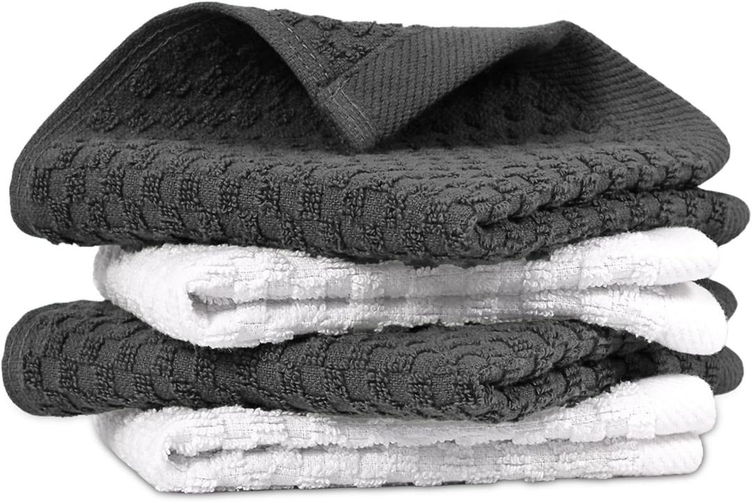 Infinitee Xclusives Premium Dish Cloth 100% Cotton 12 x 12 Inches |Pack of 4| - Ultra Soft Tea Towels - Highly Absorbent Kitchen Rags - Terry Dishcloth for Kitchen and Household Cleaning, Grey