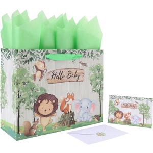 13'' Large Baby Boy Girl Gift Bag Set with Handles, Greeting Card, Green Tissue Papers and Stickers for Birthday, Baby Shower, Newborn, New Moms, Woodland Animals Design, 1 Pc