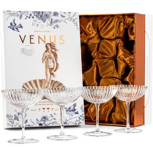 Venus Seashell Coupe Cocktail Glasses | Set of 4 | 8 oz Crystal Ribbed Champagne Saucers for Drinking P-Star and Espresso Martini, Margarita, Daiquiri, Cosmopolitan, Gimlet | Elegant Gift Glassware