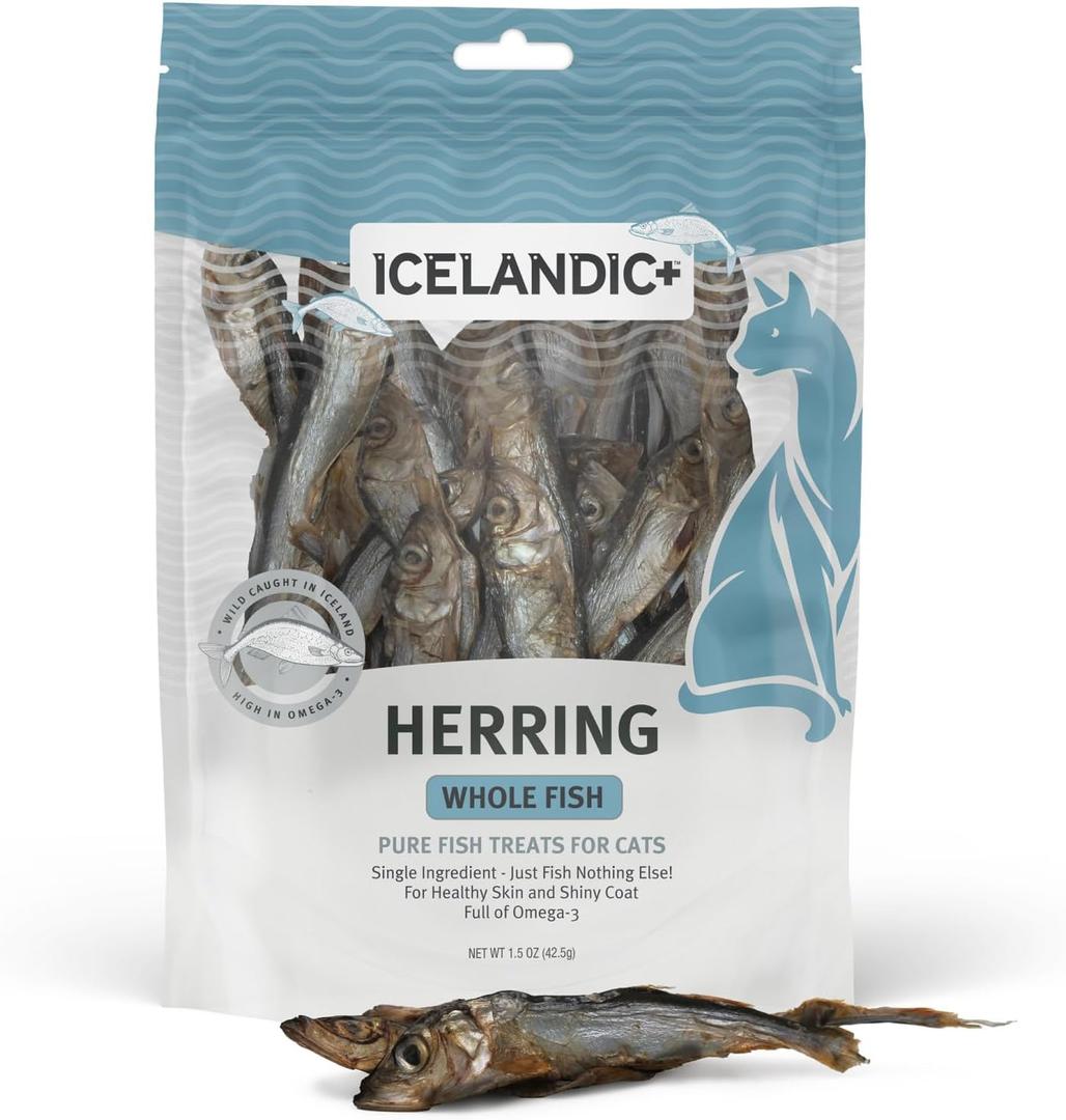 Icelandic+ Whole Fish Herring - 1.5oz Bag - Cat Treats, Pure Wild-Caught & Air-Dried, Single Ingredient Snack, Pet Chew, Just The Fish Nothing Else (EXP 12/01/27)