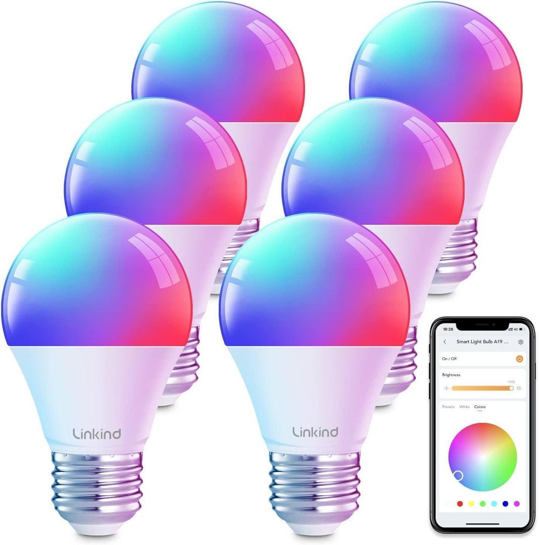 Linkind Smart Light Bulbs, Smart Bulb That Work with Alexa & Google Home, LED Light Color Changing, A19 E26 WiFi Light Bulb Dimmable, RGBTW Alexa Bulb No Hub Needed 800 Lumen, 2.4Ghz WiFi, 6 Pack