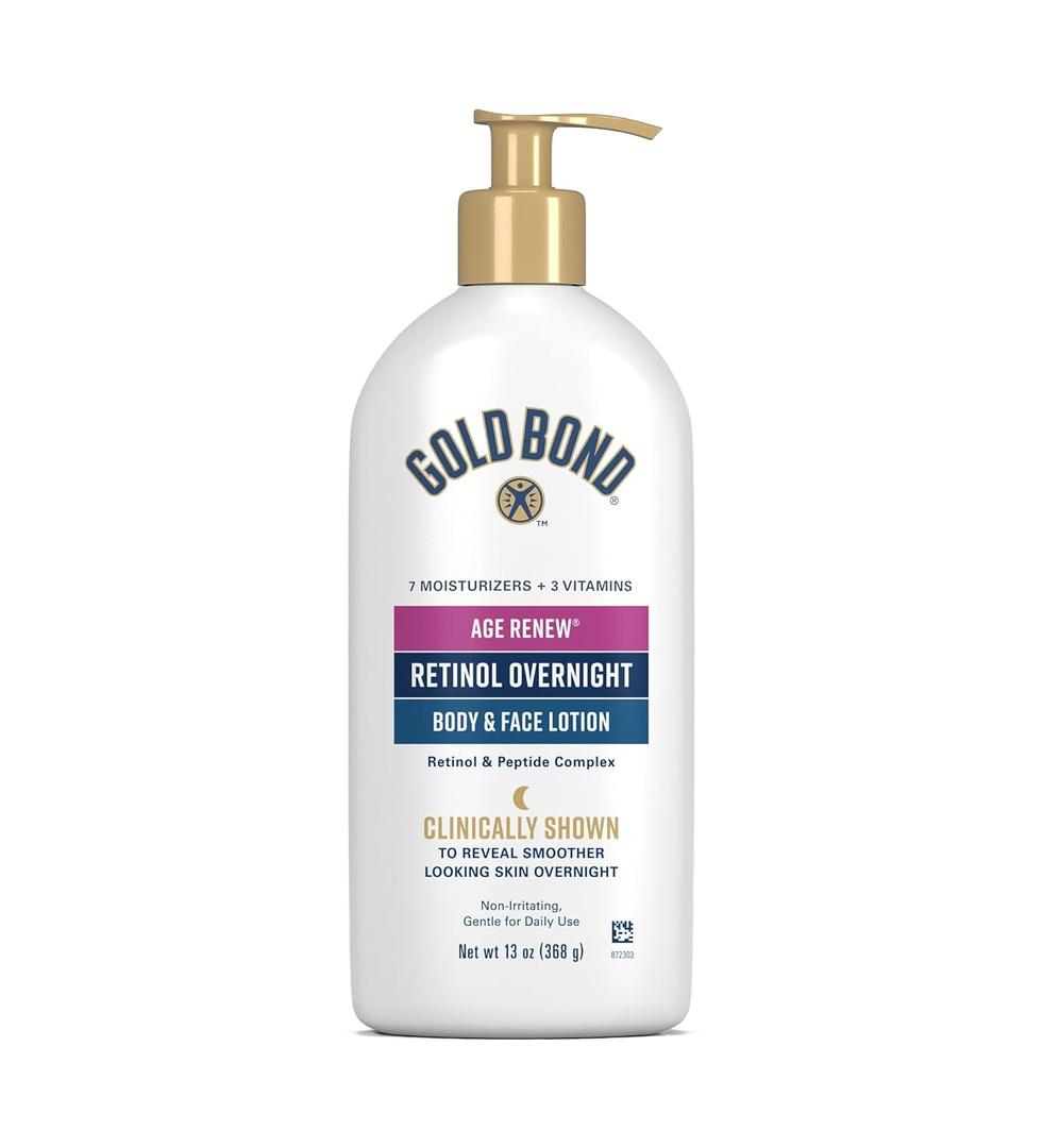 Gold Bond Age Renew Retinol Overnight Body & Face Lotion, 13 Oz, AntiAging Moisturizer for Visibly Plumper, Smoother Skin, 24HR Hydration, NonIrritating, NonGreasy, DermatologistTested, Unscented
