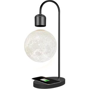 Magnetic Levitating Moon Lamp Levitation Plastic Black Table LED Night Light Zero-Gravity Floating Desk Toys for Decoration Gifts Present with Phone Wireless Charging Pad