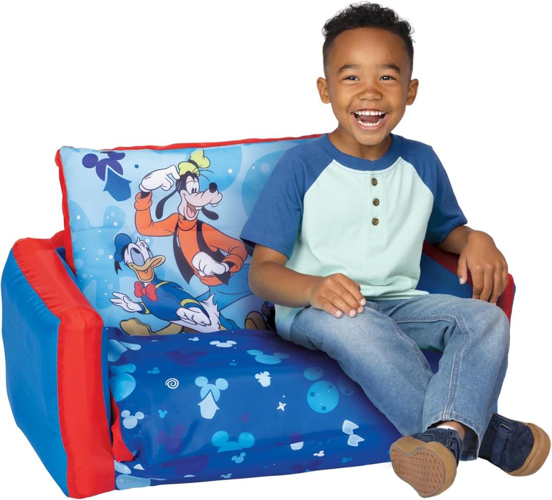 Mickey Mouse Kids Sofa Bed, Children's 2-in-1 Flip Open Inflatable Comfy Couch to Lounger, Toddler Nap Mat, Kids Couch Sofa for Boys and Girls Playroom