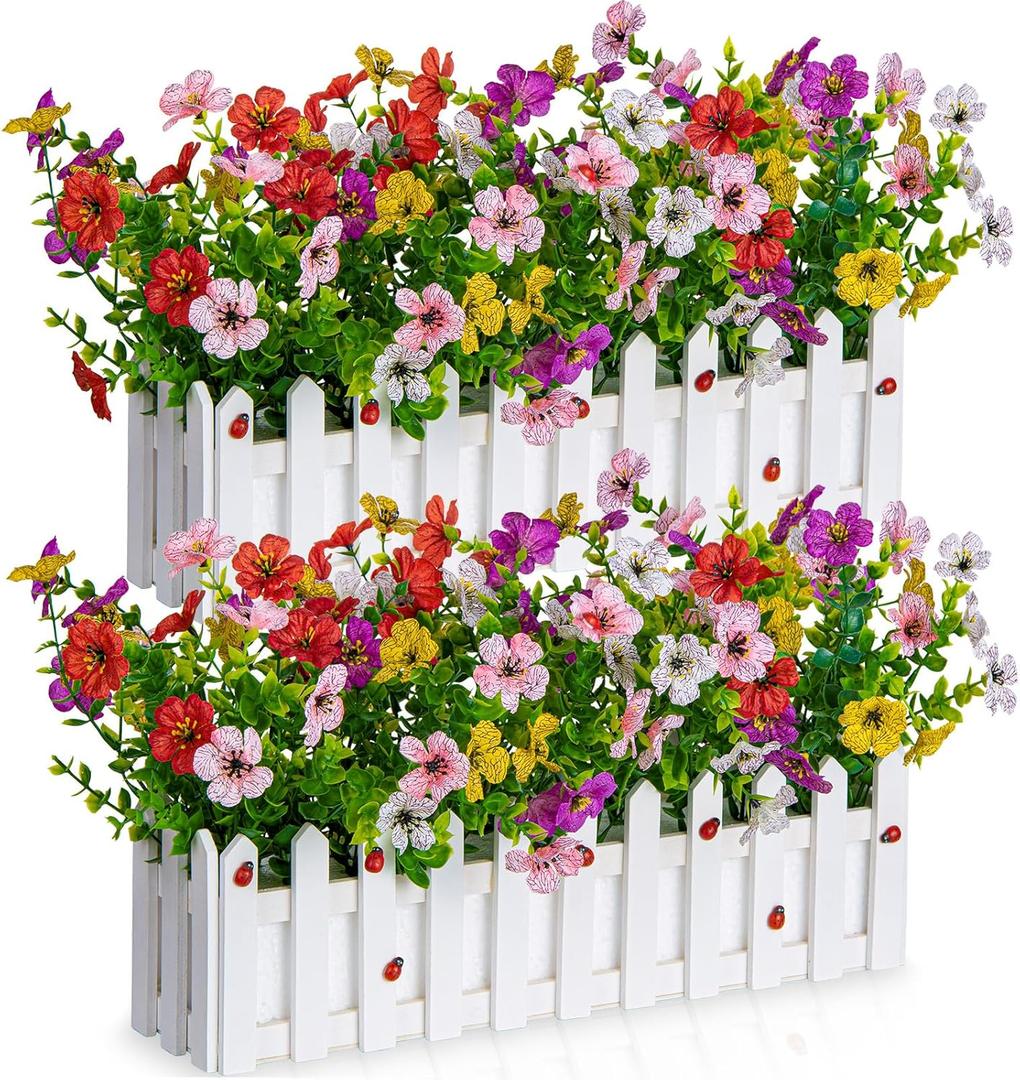 Artificial Colorful Flowers Plants in Picket Fence Pot, Fake Silk Flowers Eucalyptus Plants for Wedding Home Porch Patio Yard Garden Window Box Spring Decoration (Set of 2, Multi-Color), self-assembly