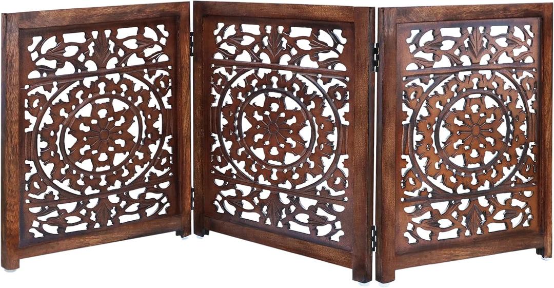 Wooden Foldable Pet Dog Safety Gate - 3 Panel 20" W x 24" H - Hand Carved Suzani Free Standing Portable Indoor Puppy Gate - Doorway Hall Stairs Dog Fence - Assembled - Pecan Brown - IRONGATE
