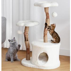 NATURAL EXPRESSIONS Modern Cat Tree and Tower for Indoor, Luxury Solid Wood Condo for Large Cats, Flower Cat Tree with Scratching Post, Cat Climbing Furniture with Cat Hiding Enclosure