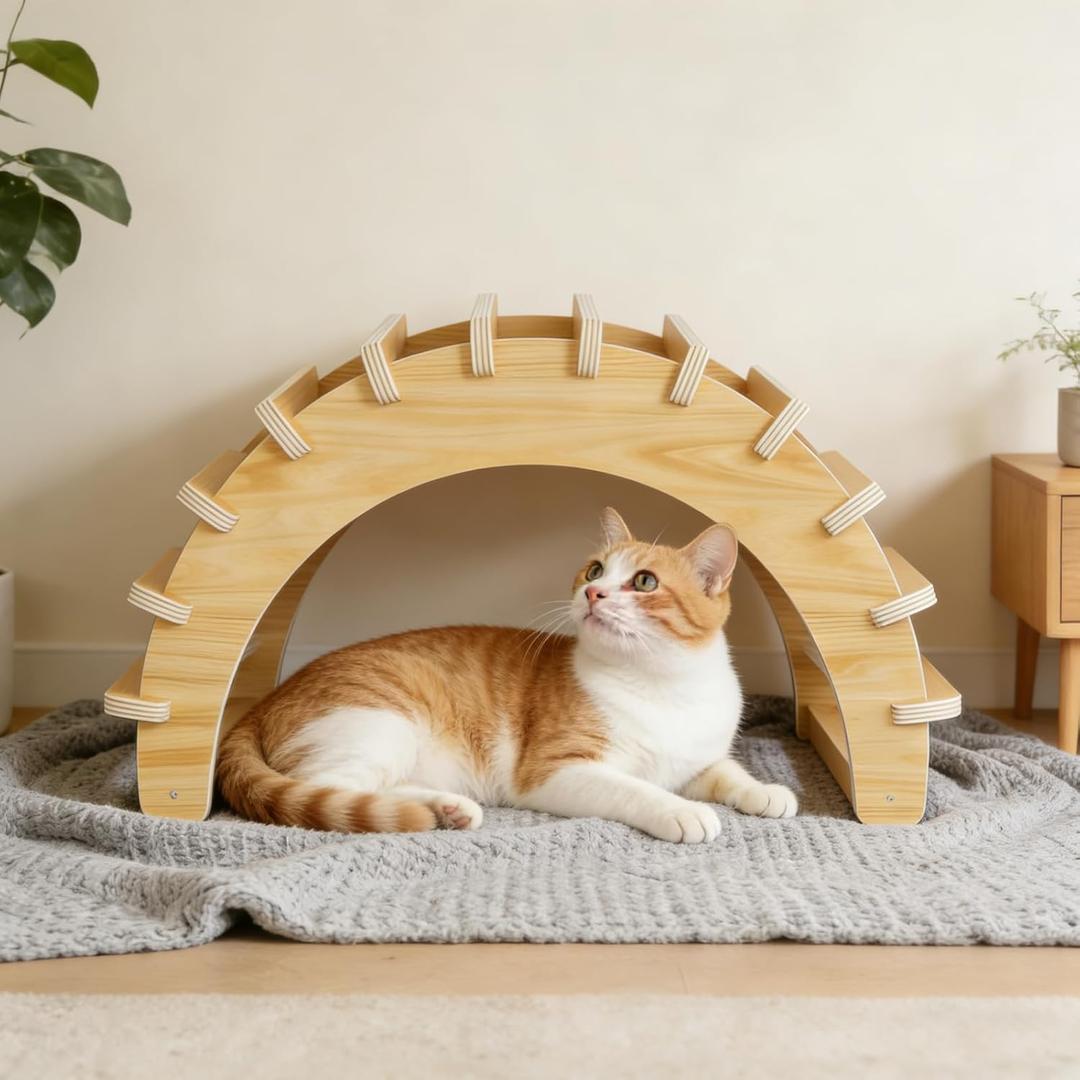 Natural Wooden Indoor Cat Cave - Stylish Solid Wood Cat House,Easy to Clean & Scratch-Resistant Surface Cottage,Ideal for Small/Medium Cats,Puppies and Bunnies (Natural,20.5" Lx13Wx14H)
