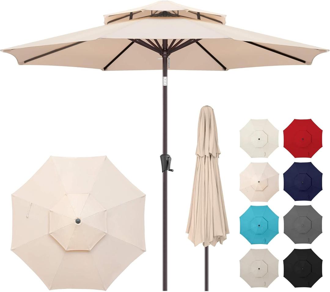 9FT Outdoor Patio Umbrella - 2 Tiers Table Umbrella Waterprool UV Protection, Sombrillas de Patio with Push Button Tilt, Sun Umbrella for Pool, Porch, Garden, Backyard (Beige), 9ft double-top