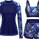 3 Piece Rash Guard for Women - Long Sleeve Swimsuits with Shorts SPF Zip up Swim Shirt with Built in Bra (X-Large, Blue Leaves)