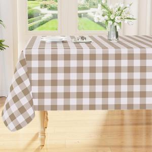 Smiry Rectangle Table Cloth, Waterproof Vinyl Tablecloth with Flannel Backing, Wipeable Buffalo Plaid Table Cover for Dining, Indoor and Outdoor (Khaki & White, 60"x102")