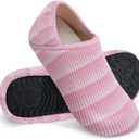 WateLves Womens & Mens Lightweight Cozy Faux Furry House Slippers Rubber Sole Slip On Sock Shoes Foldable Travel Slippers Indoor Outdoor (Stripe/ Pink, 38/ 39)