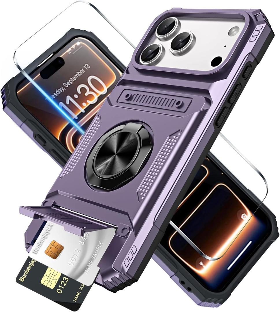 for iPhone 17 Pro Max Wallet Case with Card Holder + 1 Screen Protector, (2 Cards) & 360Ring Kickstand Military Grade Drop Shockproof Rugged Case for iPhone 17 Pro Max 6.9"(Purple)